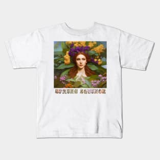 Spring Equinox Beautiful Woman Surrounded By Spring Flowers and Leaves Kids T-Shirt